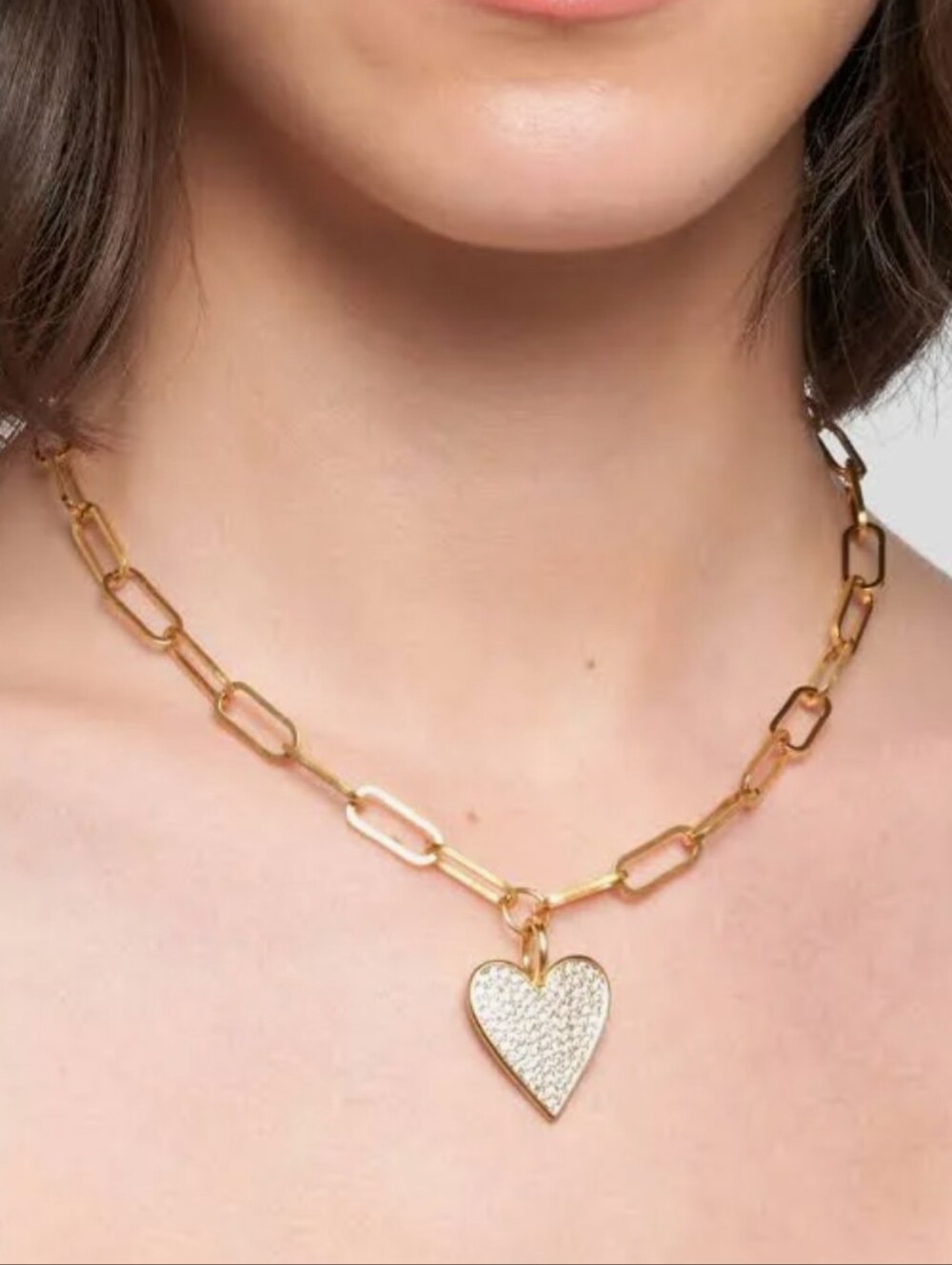 NWT Adornia 14k Gold Plated Adjustable Chunky Paperclip Link Pavé Heart Necklace
